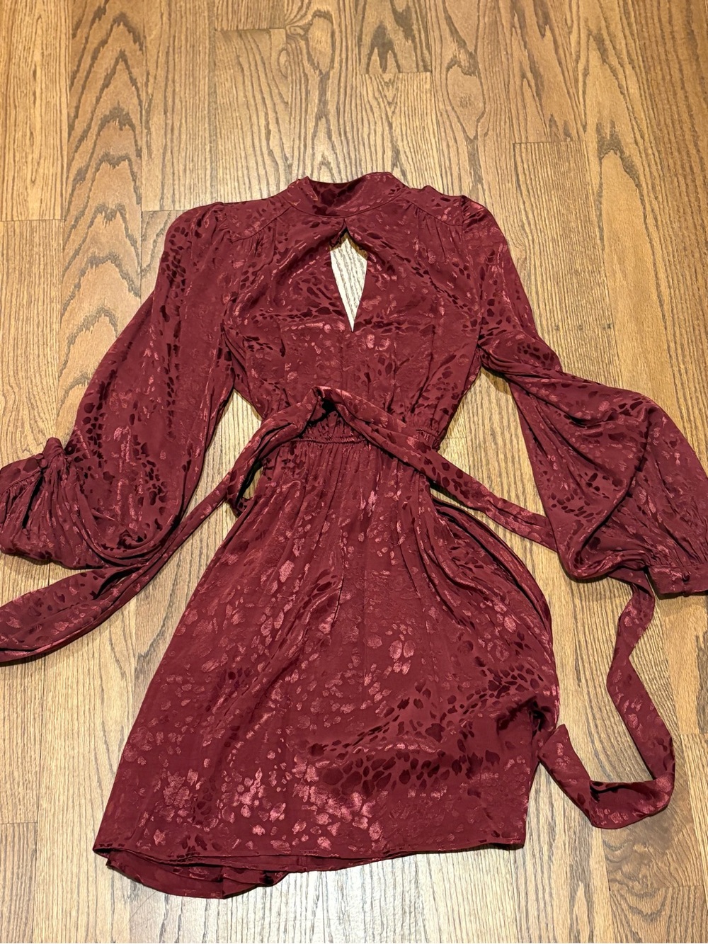 Anthropologie Burgundy Long-Sleeve Tie-Waist Dress